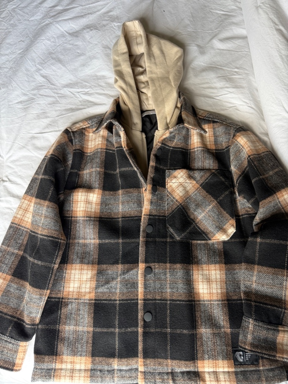 Zara Kids Plaid Hooded Shacket - Black, Tan & Gray
